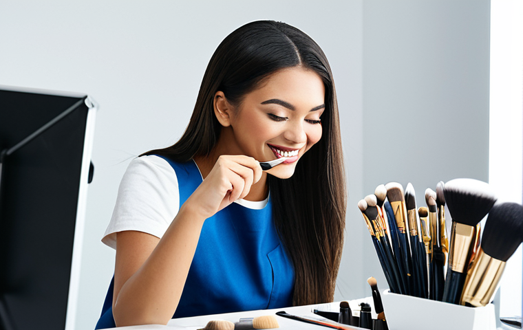 Professional Makeup Artist at Work**

A professional makeup artist applying makeup to a client in a well-lit studio. The makeup artist is using a variety of brushes and tools. The client is smiling and relaxed. Focus on impeccable hygiene: clean brushes, disposable applicators, and a tidy workspace.  *Quality modifiers: professional photography, sharp focus, high resolution, natural lighting, emphasizing skill and cleanliness.* *Style: Contemporary beauty editorial.*
**Important safety modifiers:** safe for work, appropriate content, fully clothed, professional setting, modest attire.

**