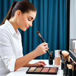 Professional Makeup Artist Studio**

"A professional makeup artist applying foundation to a client with fair skin in a bright, modern studio. The artist is using a brush, and various makeup products are visible on the table. The client is fully clothed in modest attire. Focus on the artist's technique and the client's natural beauty. Safe for work, appropriate content, perfect anatomy, well-formed hands, professional quality, family-friendly, natural lighting, high resolution."

**