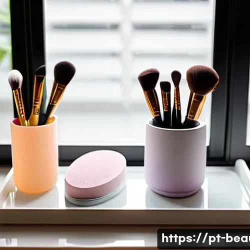 메이크업 필수 장비 및 도구 관리 - A bright, clean vanity table featuring neatly organized makeup brushes and sponges. The brushes have...