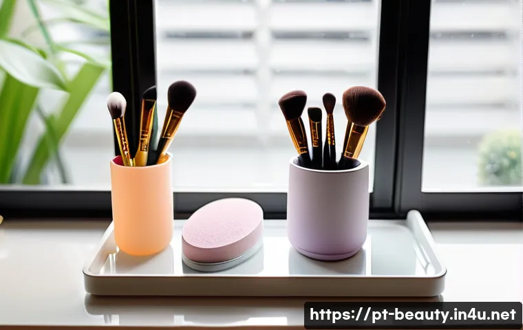 메이크업 필수 장비 및 도구 관리 - A bright, clean vanity table featuring neatly organized makeup brushes and sponges. The brushes have...