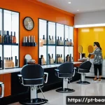 미용사 경력 쌓는 방법 - A vibrant, modern hair salon interior in São Paulo, Brazil, showcasing a diverse group of hairstylis...