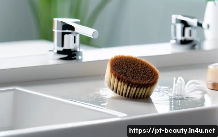 메이크업 소품 관리와 유지 보수 - A detailed close-up of a variety of makeup brushes and sponges being gently cleaned in a bright, cle...