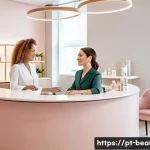 피부 미용사 스스로 홍보하는 방법 - A modern beauty aesthetician clinic interior featuring a warm and inviting atmosphere, with a confid...