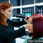미용사 재교육 필요성 및 최신 트렌드 - A modern hair salon scene showing a professional hairstylist using advanced digital tools like a tab...