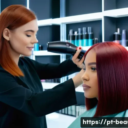 미용사 재교육 필요성 및 최신 트렌드 - A modern hair salon scene showing a professional hairstylist using advanced digital tools like a tab...